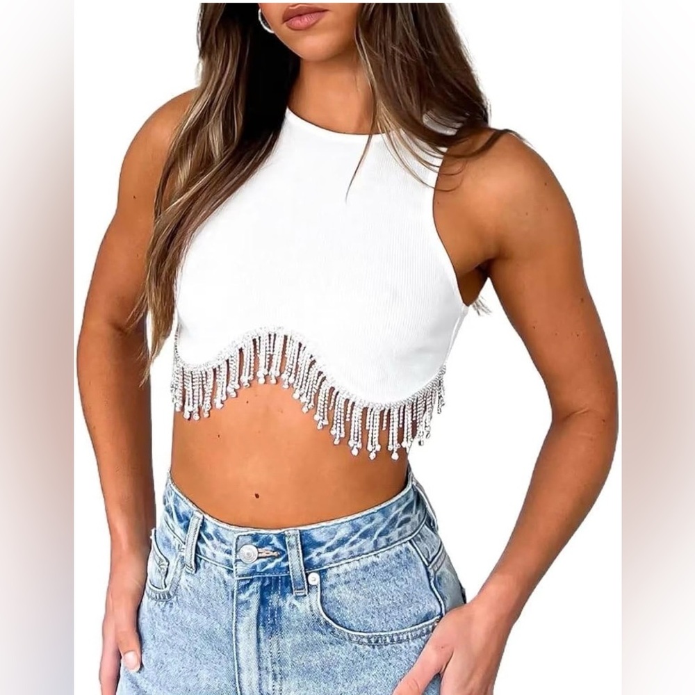 Amazon White Crop Top with Beaded Fringe